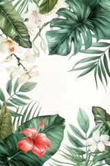 Exotic Tropical Leaves Watercolor Border with Delicate Flowers