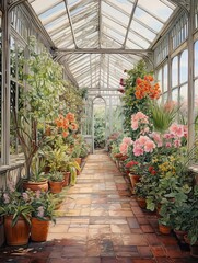 Fototapeta na wymiar Victorian Greenhouse Botanicals: A Serene Path Through the Greenhouse Walkway