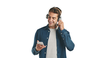 Headphones, music and happy man with phone for streaming audio on isolated, transparent or png...