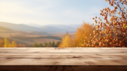 Naklejka na ściany i meble Empty wooden table with autumn landscape banner.