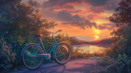 Obraz premium Bicycle at sunset. Generative AI