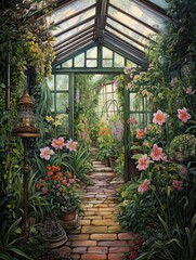Fototapeta na wymiar Victorian Greenhouse Botanicals: Enchanted Pathway Amidst Fresh Greenery