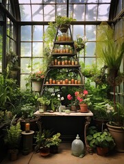 Fototapeta na wymiar Victorian Greenhouse Botanicals: Elevated Garden Vantage Over picturesque Plateau