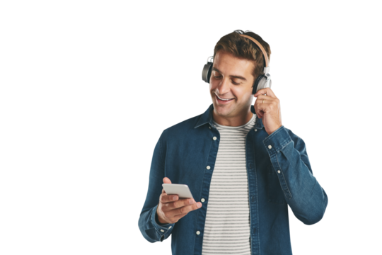 Headphones, music and happy man with phone for streaming audio on isolated, transparent or png background. Smartphone, search and male person listening to radio, podcast or internet playlist choice