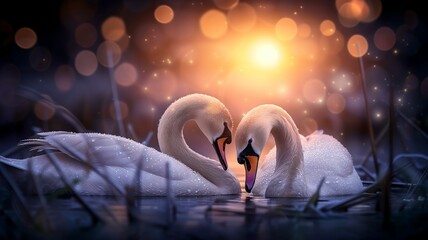 Graceful Swan Pair in Serene Water at Golden Hour – Perfect for Romance