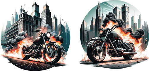 Chopperbike in city street set - obrazy, fototapety, plakaty