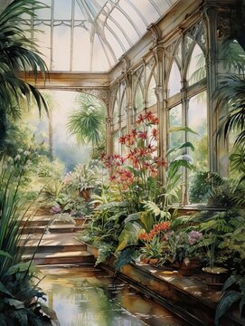 Victorian Greenhouse Botanicals: A Riverside Conservatory Influenced River Painting