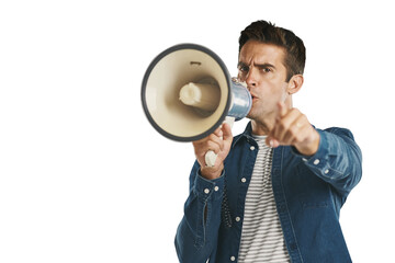 Megaphone, speech or man portrait with hand pointing at you for change or attention on isolated, transparent or png background. Speaker, noise or leader with power emoji, invitation or call to action