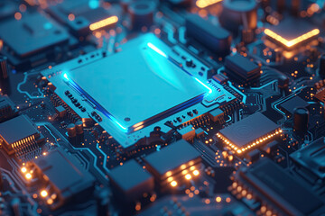Fototapeta na wymiar close up a blue chip processor with light on a electronic circuit board. technology concept