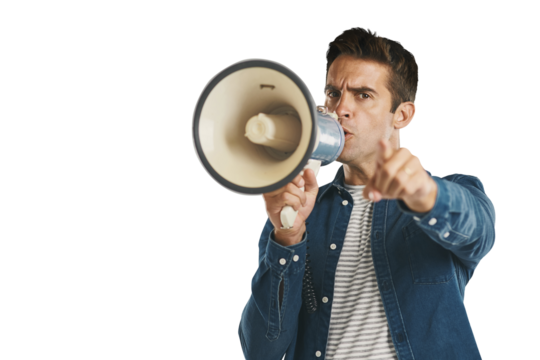 Megaphone, speech or man portrait with hand pointing at you for change or attention on isolated, transparent or png background. Speaker, noise or leader with power emoji, invitation or call to action
