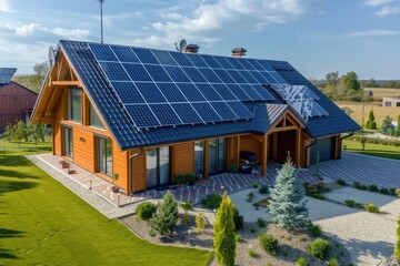 Obraz premium New suburban house with a photovoltaic system on the roof. Modern eco friendly passive house with solar panels on the gable roof, driveway and landscaped yard