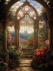 Victorian Greenhouse Botanicals Valley Landscape: A Captivating Conservatory View - obrazy, fototapety, plakaty