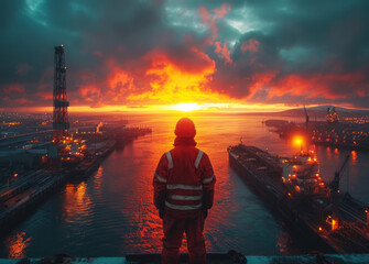 Fototapeta premium Man is standing on pier at sunset looking at the cargo ship and the oil platform.