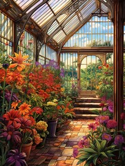 Fototapeta na wymiar Victorian Greenhouse Botanicals: Vibrant Landscape of Bright Plant Life