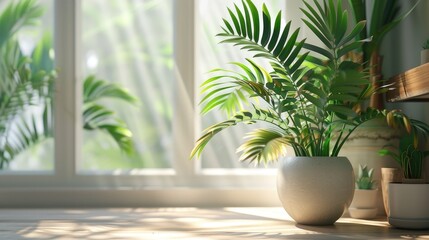 Place the green planter indoors near a window to catch natural light, which will add realism and showcase the plant's natural colors and textures.