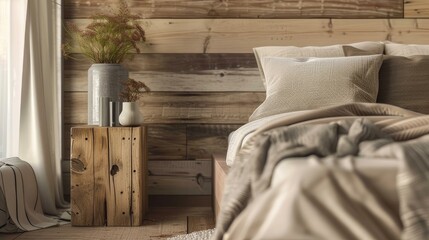 the warmth and coziness of a Scandinavian-style bedroom, the smooth oak of the bedside table, the softness of the bedspread and pillows, and the texture of the wooden floor.