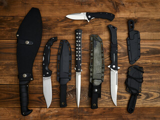 Close-up of nine different knives laid out on the brown wooden background. Fixed-blade, pocket, and...