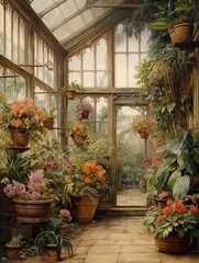 Fototapeta na wymiar Victorian Greenhouse Botanicals: Vintage Painting of Historical Plant Art