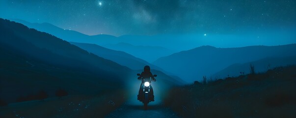 Nocturnal adventure Motorcycle roars through mountainous terrain under a starry sky. Concept Nocturnal Motorcycle Ride, Mountainous Terrain, Starry Sky, Adventure, Roaring Through