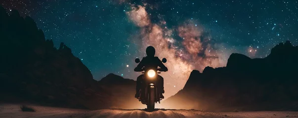 Fotobehang Thrilling Nighttime Motorcycle Ride through Majestic Mountains under a Twinkling Sky. Concept Hiking Adventure in Stunning Natural Landscapes, Relaxing Beach Getaway, Food Photography and Styling © Ян Заболотний