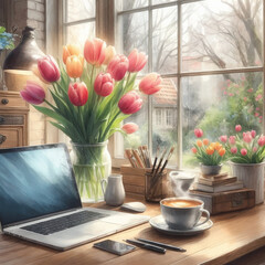 Workspace table with laptop, a cup of coffee and a vase of tulip flower
