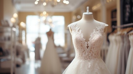 Elegant Lace Bridal Gown on Mannequin in wedding dress boutique