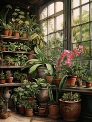 Fototapeta na wymiar Victorian Greenhouse Botanicals: Lush Plant Art Print - Tranquil Elegance in Victorian Greenhouse Style