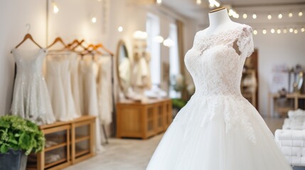 Fototapeta na wymiar Elegant Lace Bridal Gown on Mannequin in wedding dress boutique
