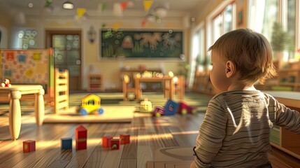 A child in front of a playroom, a child in his natural environment, such as a kindergarten classroom or playroom. Daily life and activities of the child.