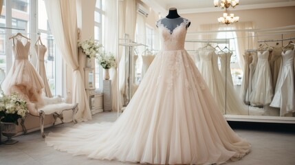 Fototapeta na wymiar Elegant Lace Bridal Gown on Mannequin in wedding dress boutique