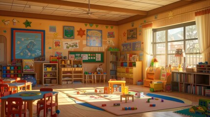school desks, playroom, chairs, toys and decorations are arranged to simulate a typical...