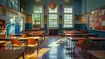 school desks, playroom, chairs, toys and decorations are arranged to simulate a typical kindergarten classroom environment.