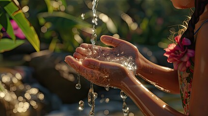 hands cupped to receive water, and wider shots to contextualize the scene in a child's environment. - obrazy, fototapety, plakaty