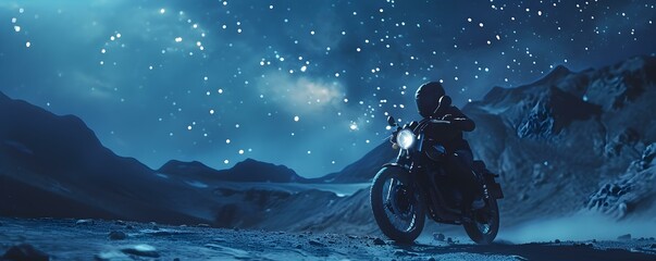 Midnight Motorcycle Journey: Roaring Through Majestic Mountains Under a Brilliant Starry Sky. Concept Extreme Adventure, Cliff Diving, Skydiving, White Water Rafting, Bungee Jumping