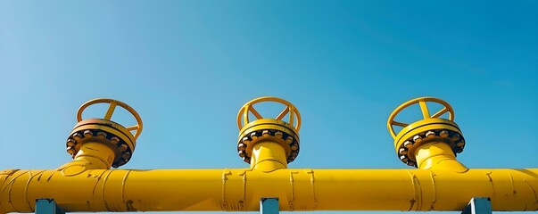 A network of bright yellow pipelines and valves set against a clear blue sky. Concept Pipeline...