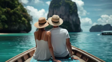 Foto op Canvas Young couple travels by boat, looking at the beautiful nature of Thailand with islands, View from the back © Anzhela
