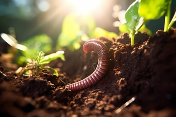 A close-up of a solitary earthworm, burrowing through the rich soil, with the morning sunlight highlighting the subtle iridescence of its skin. - obrazy, fototapety, plakaty