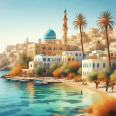 Mediterranean village Coastline in watercolor