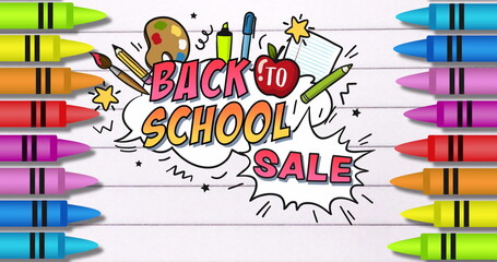 Image of back to school sale text on school icons and crayons on white background