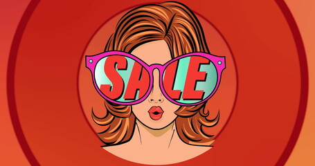 Image of sale text over woman with sunglasses and pulsating red circles in background