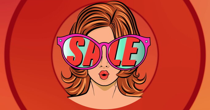 Image of sale text over woman with sunglasses and pulsating red circles in background