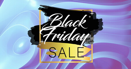 Image of black friday sale text on gold and black smudges and blue to purple background