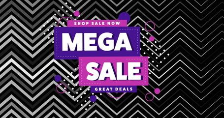 Image of mega sale text on purple and pink banners and zig zag pattern on black background