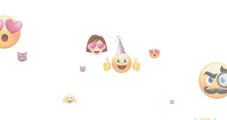 Image of multiple emoji icons flying up on white background