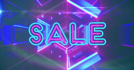 Image of sale neon text over neon pink and blue tunnel in background