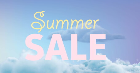 Image of summer sale text on clouds on blue sky in background