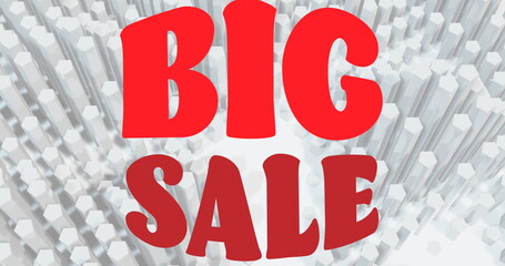 Image of big sale text in red letters on 3d white pulsating background