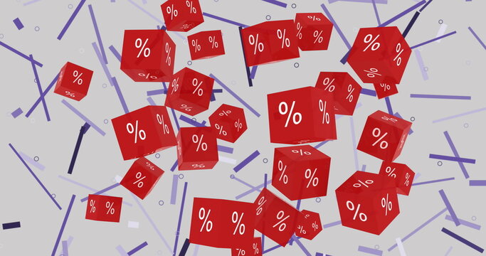 Image of percent sales symbols on red cubes floating over purple stripes in background