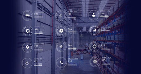 Image of icons with data processing over warehouse