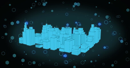 Image of shapes over digital city on black background